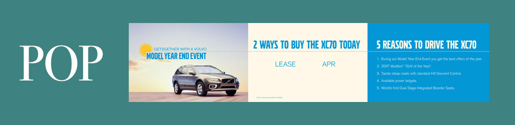 Point of Purchase banner featuring Volvo Tent Card for the top of automobiles in a showroom